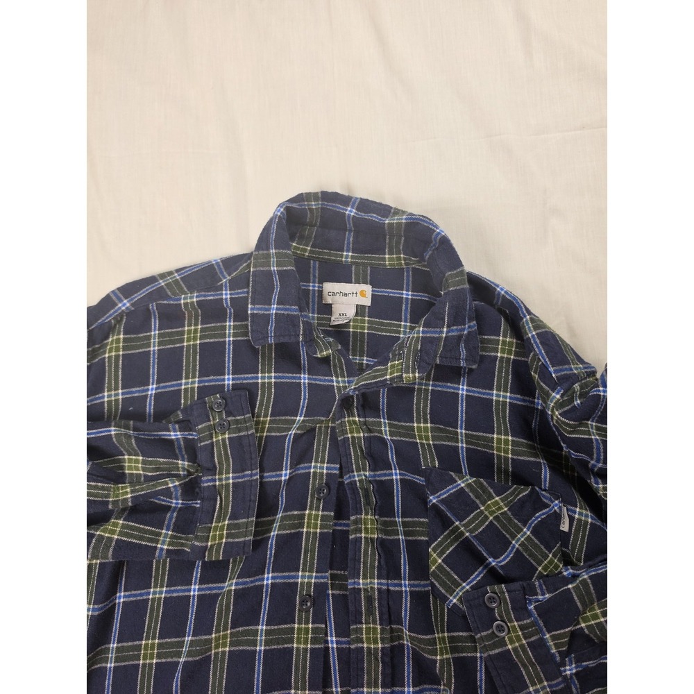 Carhartt Mens 2XL Blue Green Plaid Flannel Long Sleeve Button Front Shirt S250